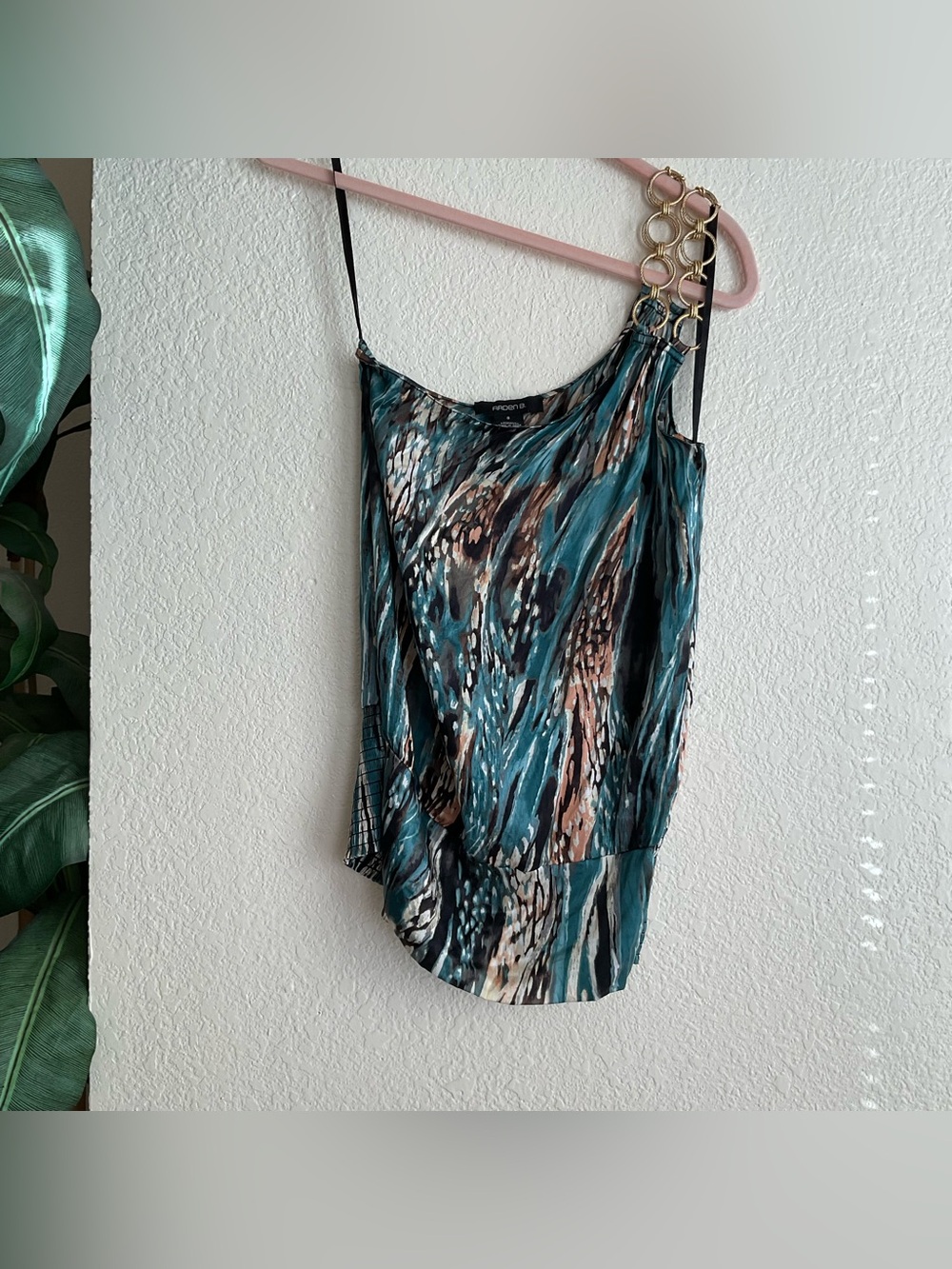 Arden B Teal and Brown One-Shoulder Camisole with Gold-Ring Detail